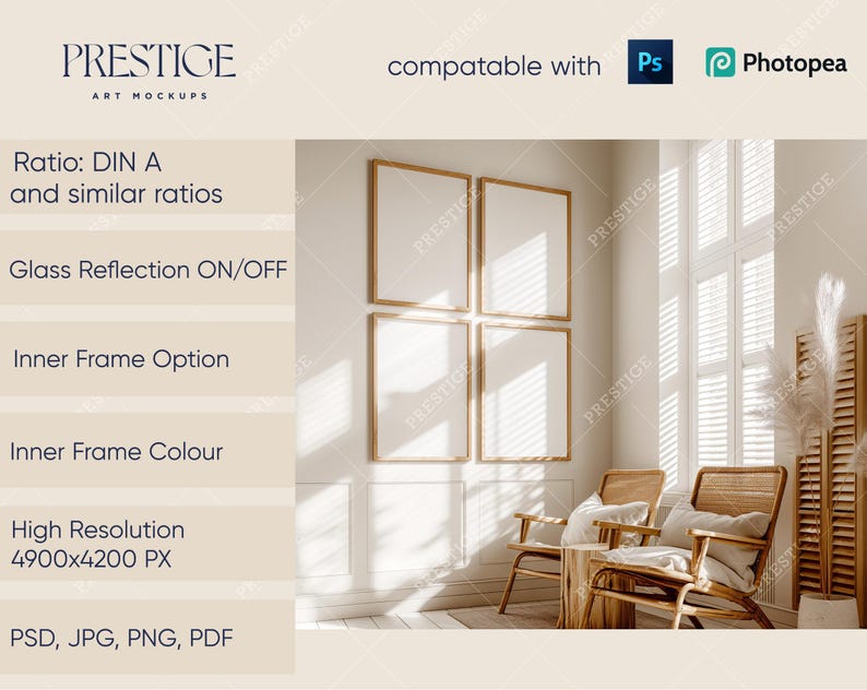 May include: A mockup of a set of three rectangular frames with a wooden frame, hanging on a white wall in a room with a large window. The room is decorated with a light brown rug, two wicker chairs, and a small wooden table. The frames are empty and ready for your artwork.