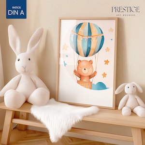 Maqueta de marco marrón para guardería, maqueta de interior de habitación infantil minimalista, sala de juegos moderna y acogedora con pared beige, espacio infantil DIN A2 A4 ISO 5x7 vertical PSD