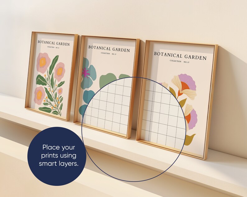 May include: Three framed prints with a gold frame and white matting. Each print features a different floral design with a botanical garden theme. The text "Botanical Garden" is printed at the top of each print.