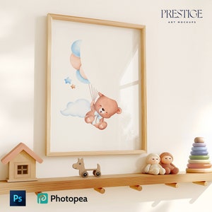 Maqueta de marco de madera para guardería, maqueta de interior de habitación infantil minimalista, sala de juegos moderna en colores pastel con pared color crema, espacio para niños, tamaño A2, A4, vertical, PSD