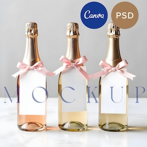 Mini Weinflasche Geschenkanhänger Etikett Mockup Brautparty Canva 3.5x2 quadratisch Danke-Karte Pink Ribbon Champagner Party Versorgung Smart Layer PSD