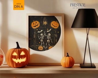 Cozy Halloween Close-up Frame Mockup, Portrait PSD Smart Layer DIN A 5x7, Cozy Warm Interior Wood Frames, Jack-o-lantern pumpkin Black Lamp