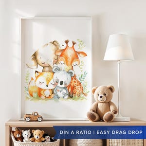 Maqueta de marco blanco para guardería, maqueta de interior de habitación infantil minimalista, sala de juegos rústica moderna, pared color crema, proporción de espacio para niños, póster vertical tamaño A2 PSD