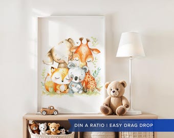 May include: A watercolor illustration of a group of animals, including an elephant, giraffe, koala, and fox, all huddled together in a loving embrace. The animals are surrounded by green leaves and flowers, creating a whimsical and heartwarming scene.