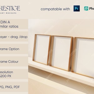May include: Three gold picture frames with white mats are displayed on a shelf against a light beige wall. The frames are empty and ready for your artwork. The image text reads "Ratio: DIN A and similar ratios, Smart layer - drag/drop, Inner Frame Option, Inner Frame Colour, High Resolution 4500x5200 PX, PSD, JPG, PNG, PDF, compatable with Ps Photopea".