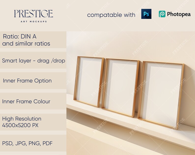 May include: Three gold picture frames with white mats are displayed on a shelf against a light beige wall. The frames are empty and ready for your artwork. The image text reads "Ratio: DIN A and similar ratios, Smart layer - drag/drop, Inner Frame Option, Inner Frame Colour, High Resolution 4500x5200 PX, PSD, JPG, PNG, PDF, compatable with Ps Photopea".