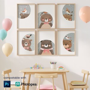 Maqueta de 6 marcos para habitación de niños, conjunto de 6 marcos para pared de habitación de niños, arte de pared para habitación de niños, tonos pastel modernos, retrato vertical para interior de niño, PSD