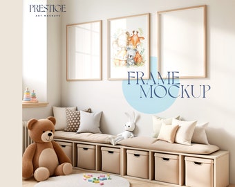 Nursery Mockup 3 Wood Frames Minimal Kids Room Interior Playroom Wall Gallery Three Frame Mock up Set, DIN A2 A4 ISO 5x7 Size Vertical PSD