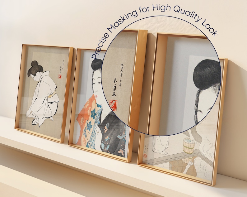 May include: Three framed prints of Japanese woodblock prints depicting women in traditional clothing. The prints are in gold frames and are displayed on a white shelf.