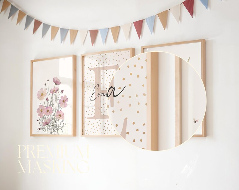 May include: Three framed prints with a white background. The print on the left features a watercolor illustration of pink flowers. The center print has a gold background with white polka dots and the letter "E" with the name "Ema" written in black. The print on the right is blank.