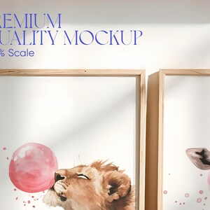 May include: Two framed watercolor illustrations of animals blowing bubbles. The first illustration shows a lion cub blowing a pink bubble. The second illustration shows a giraffe blowing a pink bubble.