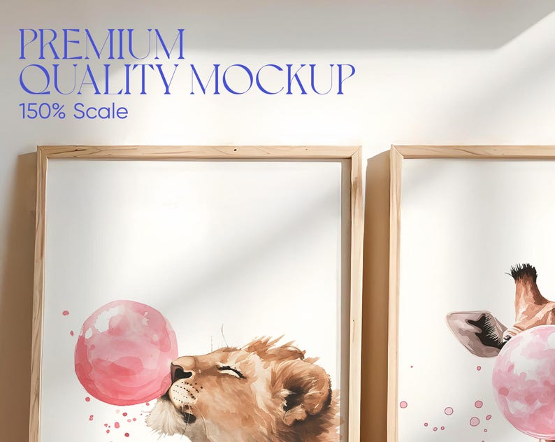 May include: Two framed watercolor illustrations of animals blowing bubbles. The first illustration shows a lion cub blowing a pink bubble. The second illustration shows a giraffe blowing a pink bubble.