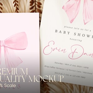 May include: A pink baby shower invitation with a watercolor bow and the text "please join us for a BABY SHOWER honoring Erin Dance". The invitation includes the date, time, location, and RSVP information.