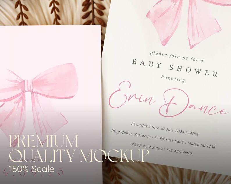May include: A pink baby shower invitation with a watercolor bow and the text "please join us for a BABY SHOWER honoring Erin Dance". The invitation includes the date, time, location, and RSVP information.