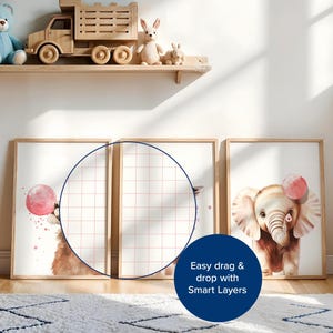 May include: Three framed watercolor illustrations of animals with pink balloons. The illustrations are on a white background with a grid overlay. The text "Easy drag & drop with Smart Layers" is in the lower right corner of the image.