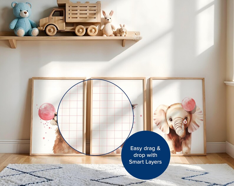 May include: Three framed watercolor illustrations of animals with pink balloons. The illustrations are on a white background with a grid overlay. The text "Easy drag & drop with Smart Layers" is in the lower right corner of the image.