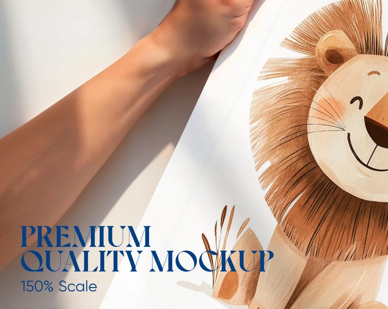May include: A watercolor illustration of a smiling lion with a brown mane and a light brown face. The image includes the text "PREMIUM QUALITY MOCKUP" and "150% Scale" in blue. The lion is set against a white background.