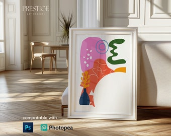 Maqueta elegante de marco para arte de pared, maqueta de marcos PSD verticales, marcos con borde blanco y reflejo de vidrio, retrato realista con relación de aspecto A1 y luz solar cálida
