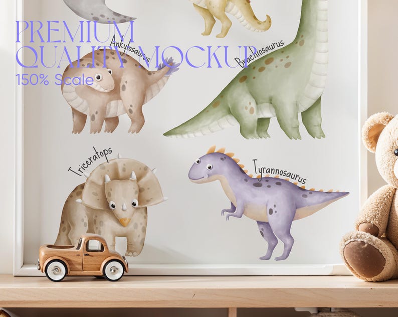 May include: A white framed print with watercolor illustrations of different dinosaurs. The dinosaurs are labeled with their names: Ankylosaurus, Brachiosaurus, Triceratops, and Tyrannosaurus. The print is on a wooden shelf with a toy truck and a teddy bear.