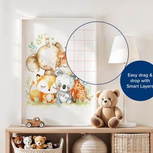 May include: A watercolor illustration of a group of animals, including an elephant, a fox, a koala, and a giraffe, in a forest setting. The illustration is printed on a white background and framed in a white frame. The image is labeled "Easy drag & drop with Smart Layers".