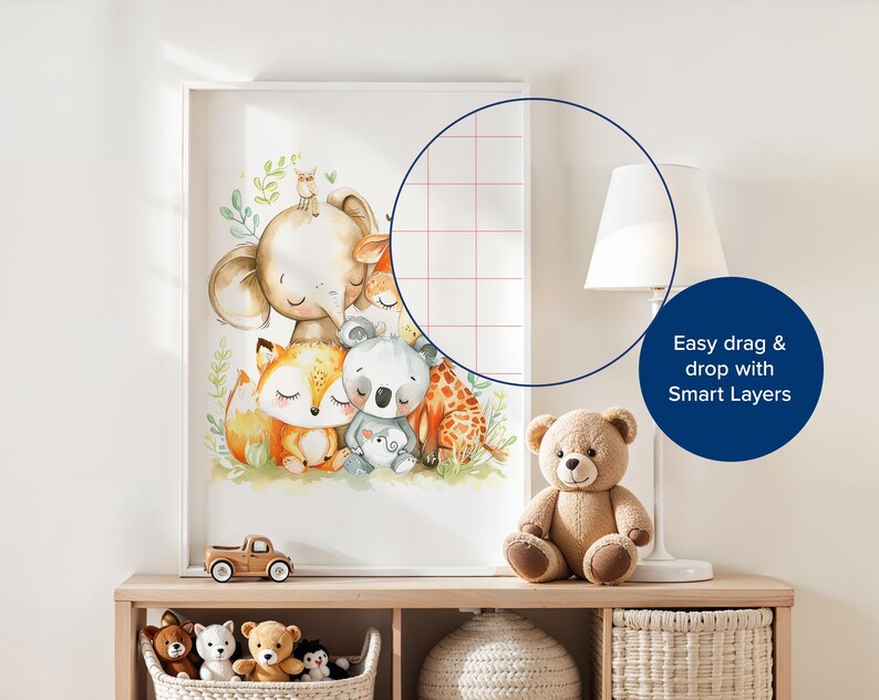 May include: A watercolor illustration of a group of animals, including an elephant, a fox, a koala, and a giraffe, in a forest setting. The illustration is printed on a white background and framed in a white frame. The image is labeled "Easy drag & drop with Smart Layers".