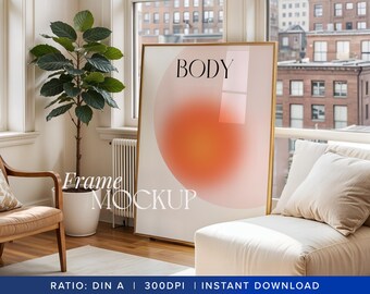 Bright Studio Apartment Mockup Frame Sunlit Gold Border Portrait Smart Layer PSD Urban Interior Wall Art Poster Glass Reflection Vertical A2