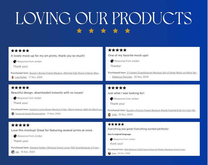 May include: Five-star reviews for digital mockups for art prints. The reviews highlight the ease of use, quality, and design of the mockups. The reviews include the names of the buyers and the dates of purchase.