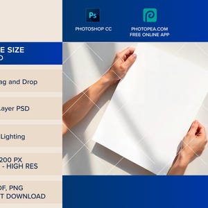 May include: A white rectangular paper held by two hands, with text on the left side that reads "FRAME SIZE A RATIO", "Easy drag and Drop", "Smart Layer PSD", "Natural Lighting", "4100x3200 PX 300DPI - HIGH RES", and "PSD, PDF, PNG INSTANT DOWNLOAD". The top right corner has the text "PHOTOPEA.COM FREE ONLINE APP".