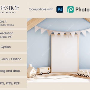 May include: A mock-up of a light blue wall with a wooden frame, a white mat, and a blank canvas. The frame is sitting on a wooden floor with a toy train and a toy house in front of it. There are beige triangle flags hanging from the ceiling.