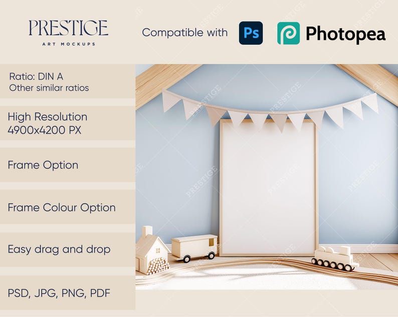 May include: A mock-up of a light blue wall with a wooden frame, a white mat, and a blank canvas. The frame is sitting on a wooden floor with a toy train and a toy house in front of it. There are beige triangle flags hanging from the ceiling.