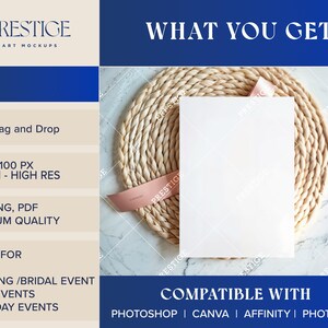 May include: A blank 5x7 inch white card on a woven placemat with a pink ribbon. The image includes text that reads "PRESTIGE ART MOCKUPS" and "WHAT YOU GET". The image is compatible with Photoshop, Canva, Affinity, and Photopea.