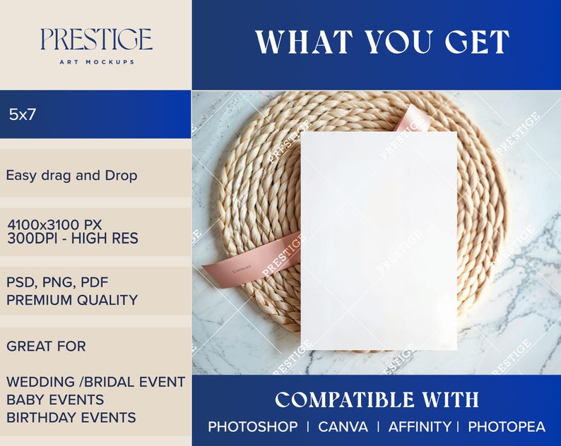May include: A blank 5x7 inch white card on a woven placemat with a pink ribbon. The image includes text that reads "PRESTIGE ART MOCKUPS" and "WHAT YOU GET". The image is compatible with Photoshop, Canva, Affinity, and Photopea.