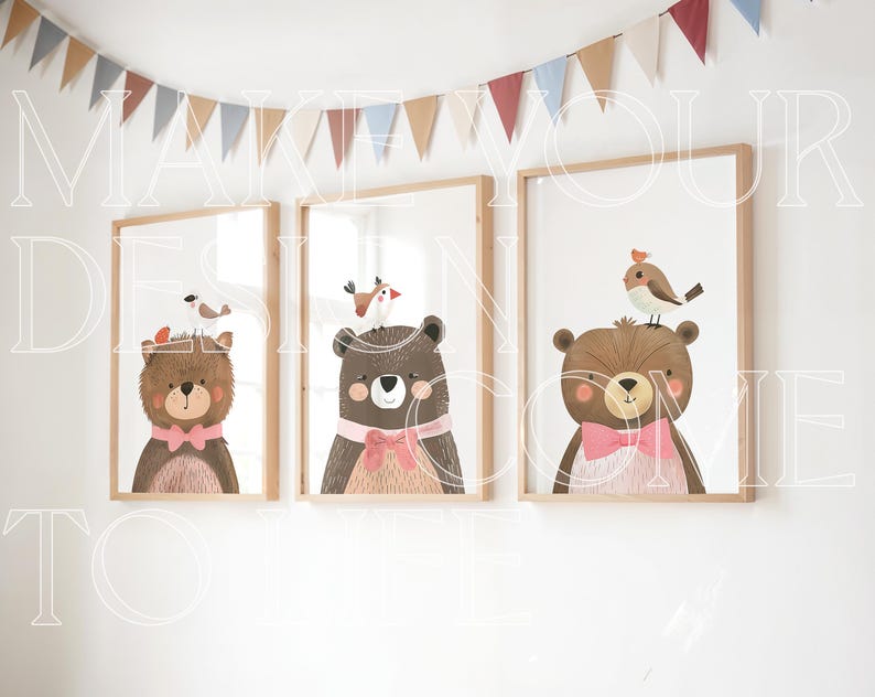 Set of 3 Mockup Wall Art Nursery Natural Light Child Bedroom Three Wood Frame Mock up Minimal Blank Portrait PSD Flag Bunting Neutral Light