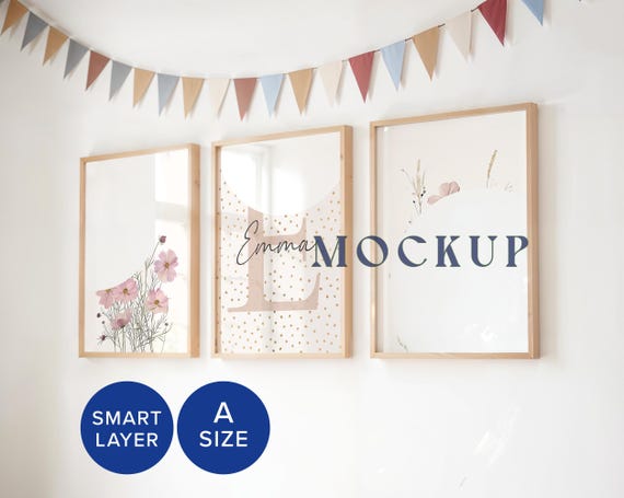 Set of 3 Mockup Wall Art Nursery Natural Light Child Bedroom Three Wood Frame Mock up Minimal Blank Portrait PSD Flag Bunting Neutral Light
