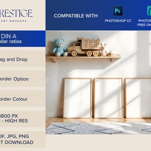 May include: Three white picture frames with wooden frames are hanging on a wall in a room with a wooden floor and a rug. The frames are empty and ready for your photos or artwork. The room is decorated with a wooden shelf with a blue teddy bear, a wooden toy truck, and a wooden bunny.