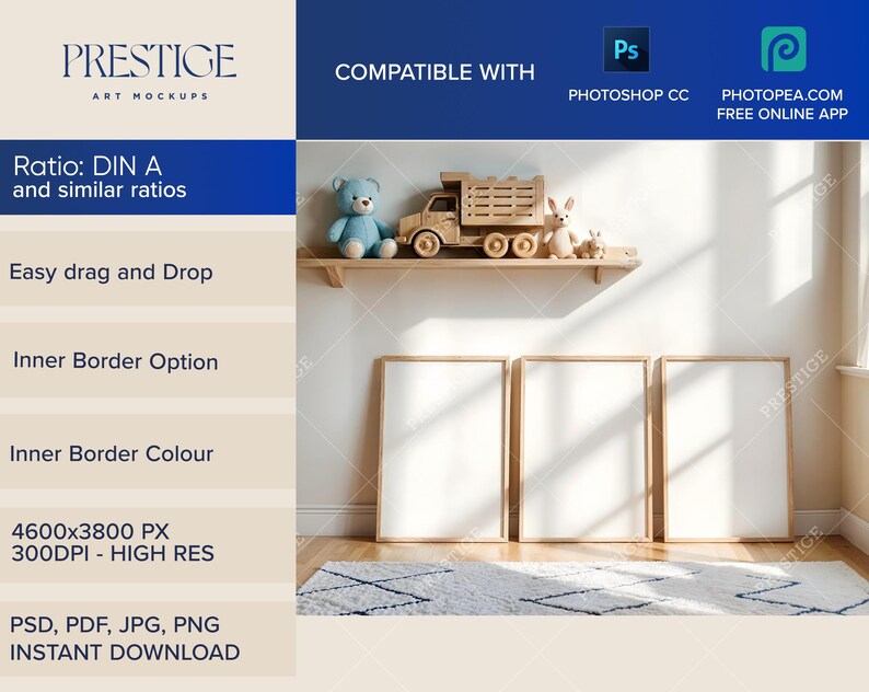 May include: Three white picture frames with wooden frames are hanging on a wall in a room with a wooden floor and a rug. The frames are empty and ready for your photos or artwork. The room is decorated with a wooden shelf with a blue teddy bear, a wooden toy truck, and a wooden bunny.