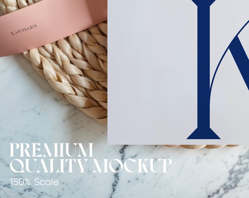 May include: A mockup featuring a white surface with a large blue letter, a pink card with text, and a woven texture. The text "PREMIUM QUALITY MOCKUP" and "150% Scale" are also visible.
