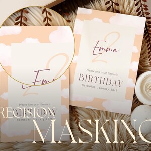 May include: Two pink and white birthday invitations with a cloud pattern. The invitations say "Please join us at Emma's Birthday, Saturday January 20th".