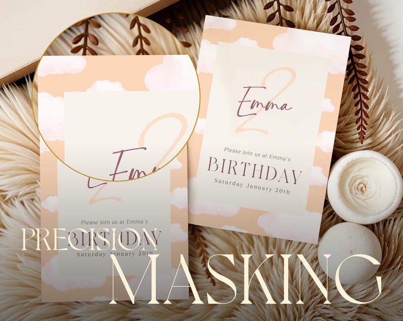 May include: Two pink and white birthday invitations with a cloud pattern. The invitations say "Please join us at Emma's Birthday, Saturday January 20th".