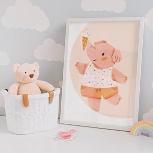 Maqueta de marco de madera blanca para guardería, acogedor interior minimalista en tonos pastel, fondo de nubes suaves, habitación infantil para niño y niña, capa inteligente A4, retrato PSD