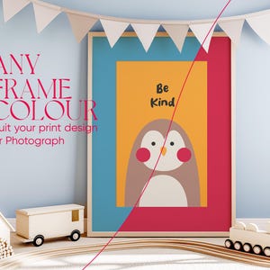 Nursery Brown Wooden Frame Mockup Minimal Scandinavian Kids Boys Room Interior Mock up Modern Playroom Blue Wall Child Space Pastel Tones A2