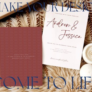 May include: A wedding invitation with a burgundy background and a geometric pattern. The invitation text reads "August 18th, 2023 at one o'clock in the afternoon, Manakara River, Dorset". The invitation is next to a white card with the text "Andrew & Jessica" in burgundy script. The text below reads "Invite you to celebrate their union" and "Dinner reception to follow".