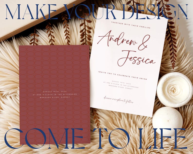 May include: A wedding invitation with a burgundy background and a geometric pattern. The invitation text reads "August 18th, 2023 at one o'clock in the afternoon, Manakara River, Dorset". The invitation is next to a white card with the text "Andrew & Jessica" in burgundy script. The text below reads "Invite you to celebrate their union" and "Dinner reception to follow".