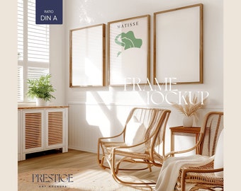 Living Room Mockup Frames 3 Set Home Interior Wall Art Mock-up Three Brown Frame Gallery Mockups A2 5x7 Size Ratio Vertical PSD Realistic
