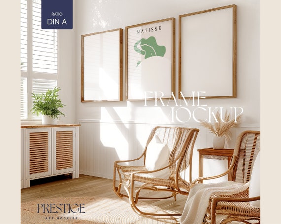 Living Room Mockup Frames 3 Set Home Interior Wall Art Mock-up Three Brown Frame Gallery Mockups A2 5x7 Size Ratio Vertical PSD Realistic