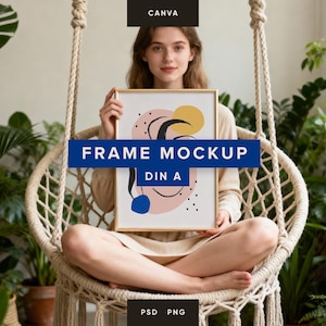 May include: A framed art print with a gold frame, featuring abstract shapes in pink, yellow, and blue. The words "FRAME MOCKUP DIN A" are displayed on a blue banner. The image is held in a macrame swing chair.