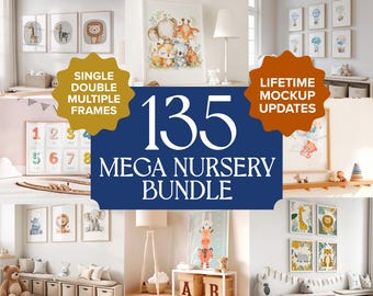 Bundle Mockup Nursery Frame Wood Picture Frame Wall Art Mockup Mega Bundle Kids Room Decor Smart Layer PSD Child Space Print Portrait Canvas