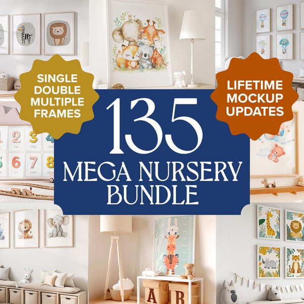 Bundle Mockup Nursery Frame Wood Picture Frame Wall Art Mockup Mega Bundle Kids Room Decor Smart Layer PSD Child Space Print Portrait Canvas
