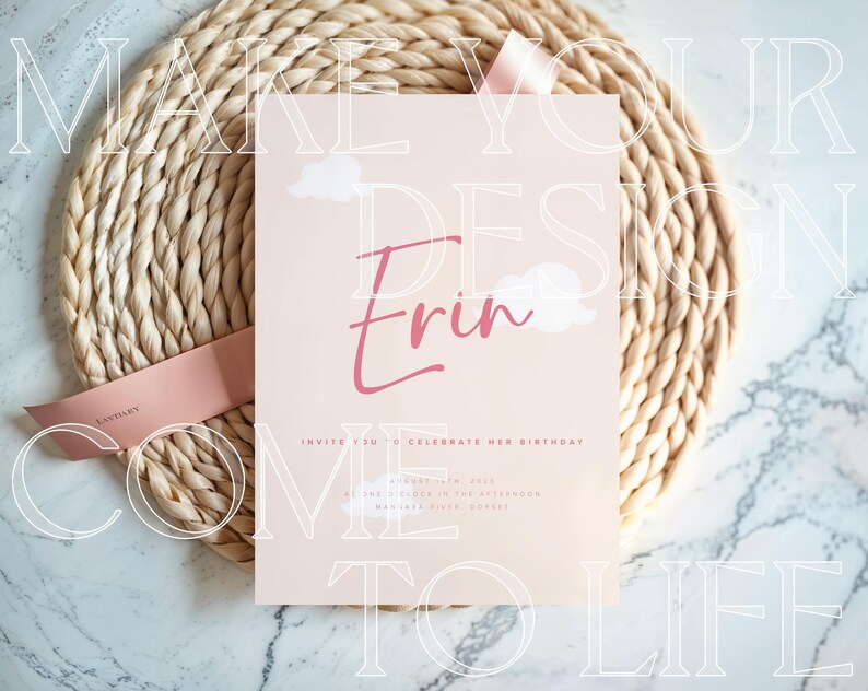 5x7 Invite Mockup Gender Reveal Pink Ribbon Silk Invitation Baby Shower Card Mockup Canva Greeting Card Bridal Shower Stationary Party Decor