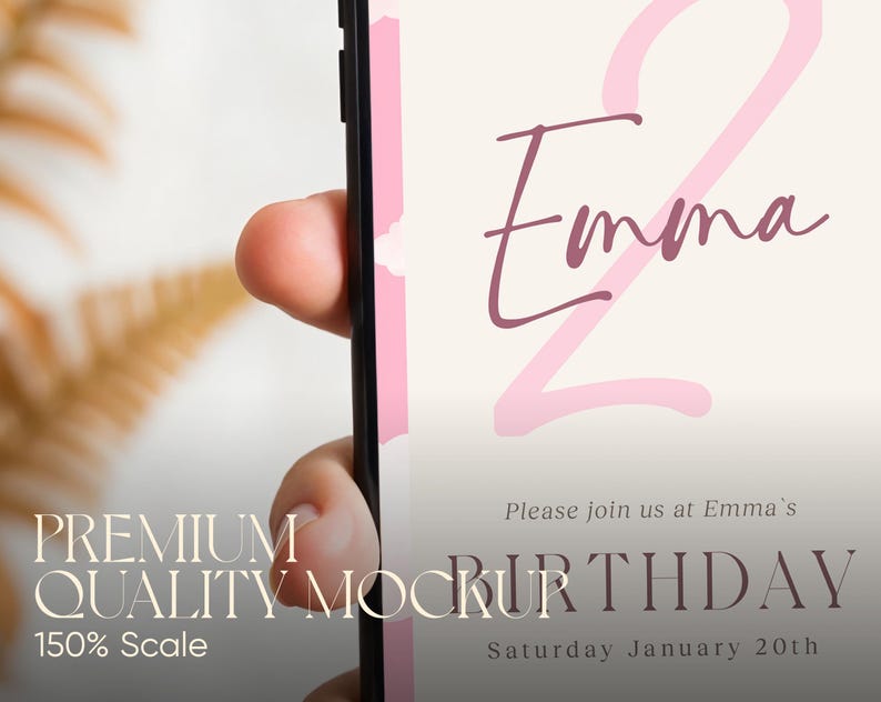 Puede incluir: Una invitaci&oacute;n de cumplea&ntilde;os rosa y blanca en la pantalla de un tel&eacute;fono inteligente. La invitaci&oacute;n dice "Emma's 2nd Birthday" y "Please join us at Emma's Birthday, Saturday January 20th".